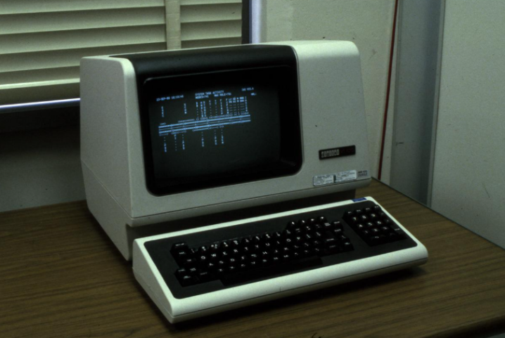A VT100 terminal, the classic interface to a DEC VAX or PDP